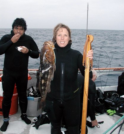 Terry Sobolewski with a 6.2 lb. Calico bass she speared at Santa Barbara Island