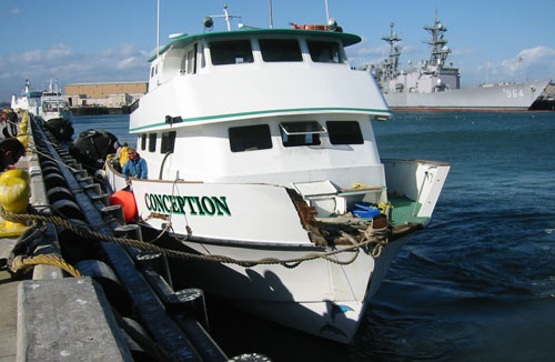 M/V Conception docked in Port Hueneme after being towed almost 100 miles from Point Arguello where is was on the beached in it's theft.