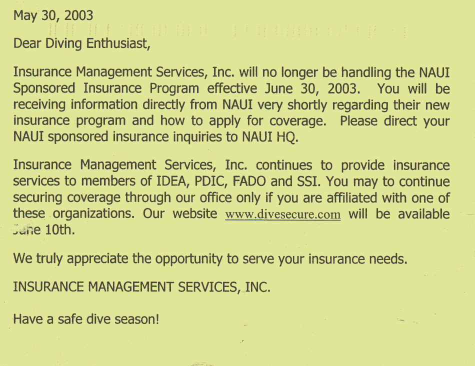 Insurance Management Services annouces they are being dumped by NAUI